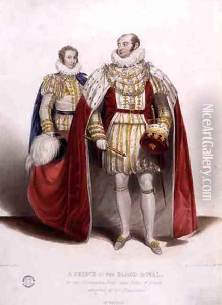 A Prince of the Blood Royal in the Coronation Dress and Robes of Estate Attended by his Trainbearer, 19th July 1821, engraved by Reynolds, 1824 Oil Painting - James Stephanoff