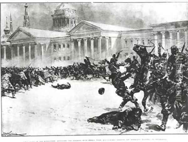 First Blood in the Revolution Repulsing the Strikers with Sword Whip and Gunshot opposite the Admiralty Building St Petersburg Oil Painting - H.W. Kockkock