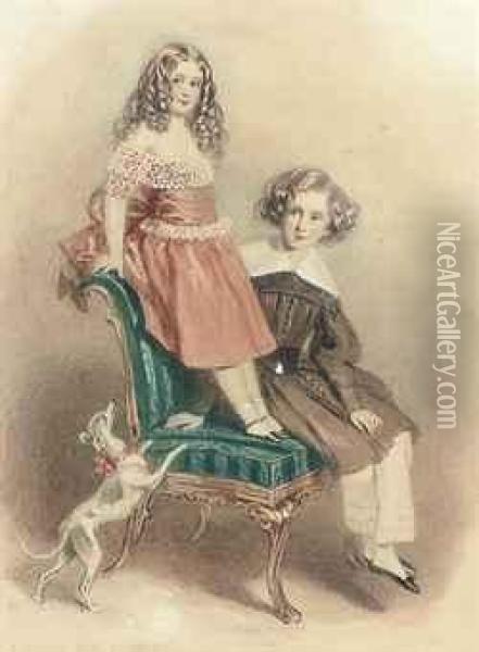 Portrait Of Lord And Lady Evelin Stanhope, The Children Of The Earlof Chesterfield Oil Painting - Alfred-Edward Chalon