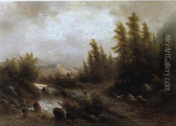 Angler Beim Gebirgsbach Oil Painting - Albert Rieger