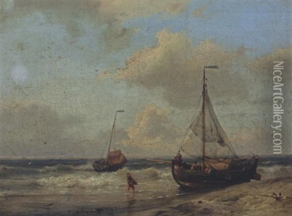 Fishing Boats At Low Tide Oil Painting - Hermanus Koekkoek the Elder