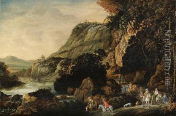 An Extensive Rocky River Landscape With An Elegant Party Onhorseback On A Track Oil Painting - Joos De Momper