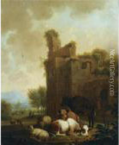 A Shepherd And A Shepherdess 
Milking A Cow Together With Their Sheep In An Italianate Landscape Oil Painting - Nicolaes Berchem