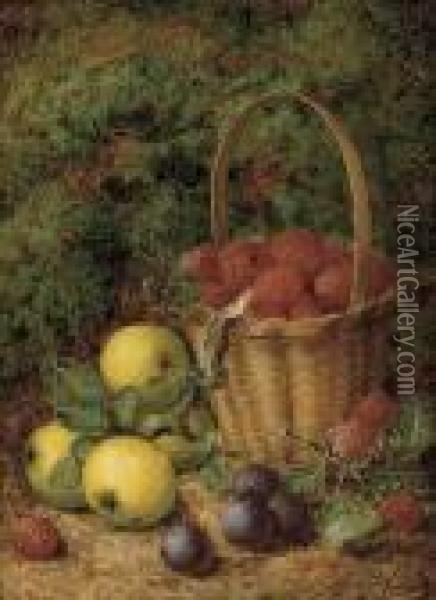Apples, Plums, And Raspberries In A Wicker Basket Oil Painting - George Clare