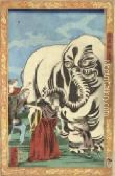 Shashinkyo Daizo Zu (picture Of A Large Elephant) Oil Painting - Utagawa Yoshiiku