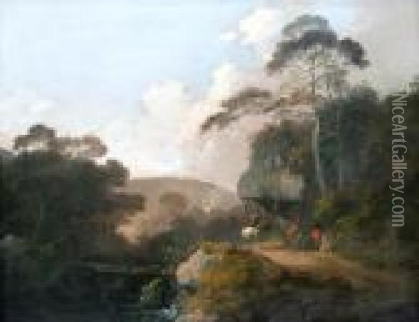 Travellers And Horse On A Wooded Pathway By Ariver Oil Painting - John Rathbone