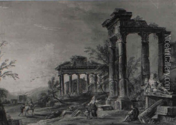 A Roman Capriccio With The Temple Of Jupiter Tonans... Oil Painting - Jean Baptiste Lallemand