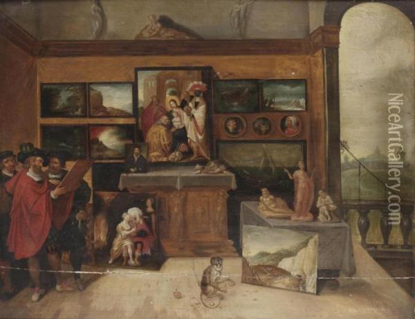 The Interior Of A Picture Gallery With Connoisseurs Studying A Painting Oil Painting - Frans II Francken