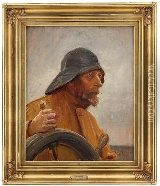 Sailor With Sou'wester At The Helm Oil Painting - Michael Ancher