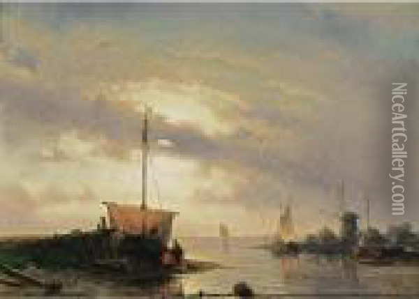 A River Landscape At Sunset Oil Painting - Charles Henri Leickert