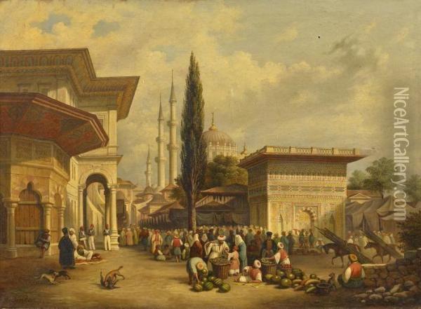Istanbul. Bazaar Before The Kappanna Fountain In The Old City Oil Painting - Auguste Finke