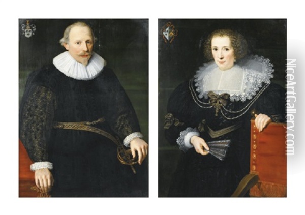 Portrait D'augustin De Gottignies, Portrait De Marguerite Verreycken (pair) Oil Painting - Cornelis De Vos