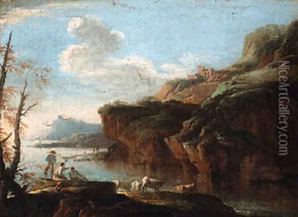 A coastal landscape with herdsmen on the shore Oil Painting - Salvator Rosa
