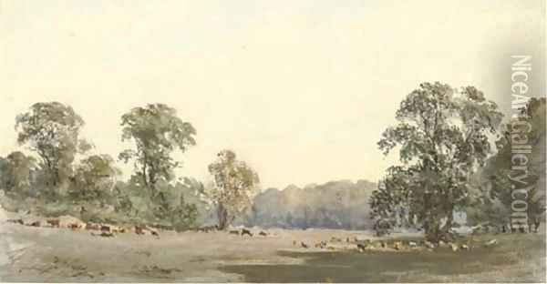 Deer grazing in Richmond Park Oil Painting - Robert Hills