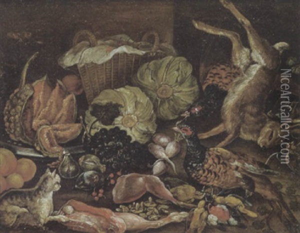 Stilleben Mit Lebensmitteln, Erlegtem Wild Und Einer Katze Oil Painting - Johann Adalbert Angermayer