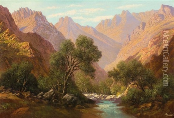 An Extensive Mountainous Landscape With A River Oil Painting - Tinus de Jongh