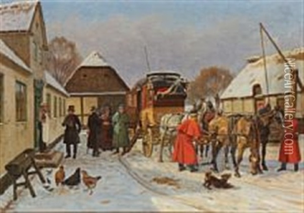 Winter Village Scenery With Street Life Around The Stagecoach Oil Painting - Rasmus Christiansen