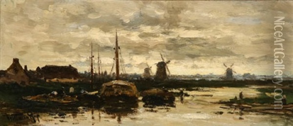 Harbor Scene With Windmill Oil Painting - Willem Cornelis Rip