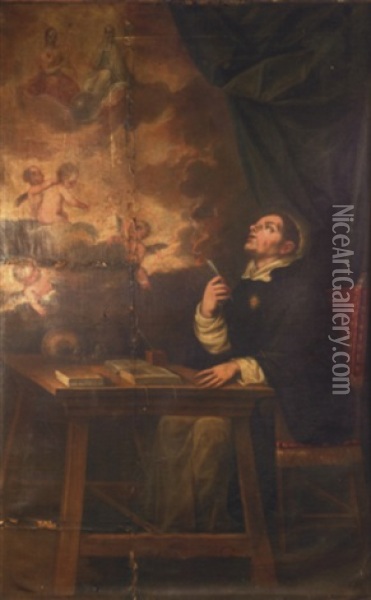 Saint Thomas D'aquin Ecrivant Sous L'inspiration Celeste Oil Painting - Pedro Anastasio Bocanegra