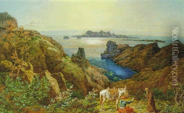 Griechische Insellandschaft, Im Vordergrund Monch Mit Bauer Und Esel Oil Painting - Johann Baptiste Heinefetter