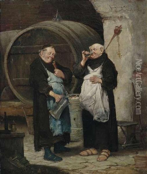 Two Friars In The Wine Cellar. Oil Painting - Adolf Humborg