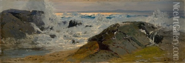 Rocky Coast With A Stormy Sea Oil Painting - Louis Douzette