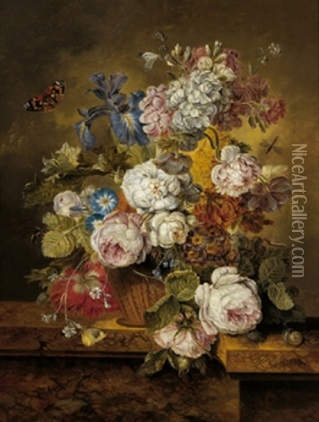 Ein Blumenstraus Mit Rosen, Wicken, Iris, Pfingstrosen Und Anderen Bluten In Einer Vase Oil Painting - Jacobus Linthorst
