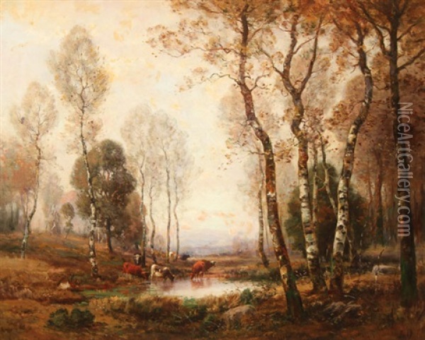 Bucolic Wooded Landscape With Cattle Watering Oil Painting - Louis Aime Japy