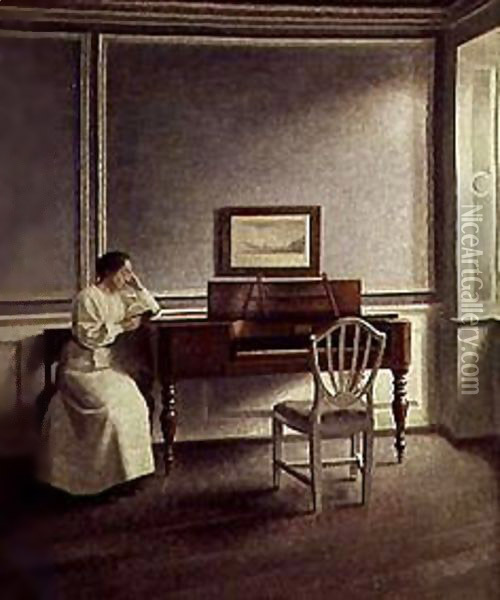Woman Reading a Book Next to a Piano Oil Painting - Vilhelm Hammershoi