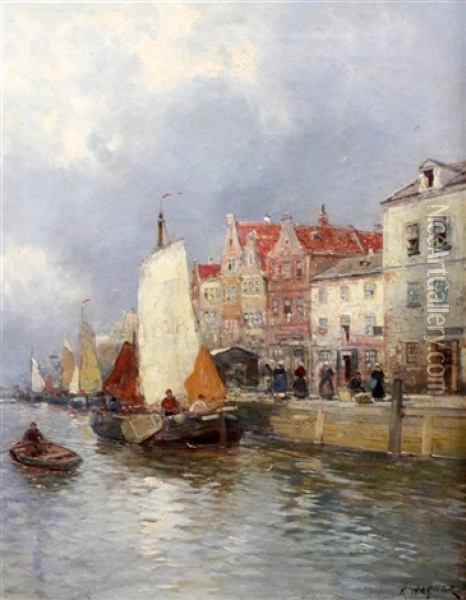 Dutch Canal Scenes Oil Painting - Karl Theodor Wagner
