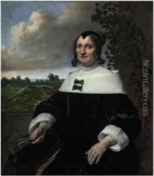Portrait Of A Lady, 
Three-quarter-length, Seated, Before Abalustrade, Holding A Fan, A 
Landscape With Bleaching Fields And Aview Out To Sea Beyond Oil Painting - Bartholomeus Van Der Helst