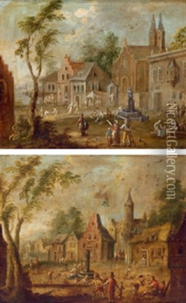 Dorfplatz Mit Figuren (+ Dorfplatz Mit Figuren; Pair) Oil Painting - Karl Joseph Aigen
