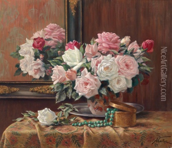 Ein Rosenstraus Vor Einem Spiegel Oil Painting - Albert Caullet