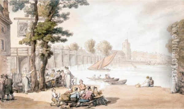 The Old Swan Inn, With A View Of Putney Bridge Beyond Oil Painting - Thomas Rowlandson