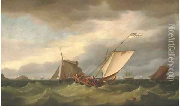 The Guernsey Packet beating out of St. Helier in a heavy swell, with Elizabeth Castle off her port beam, 1785 Oil Painting - Thomas Whitcombe