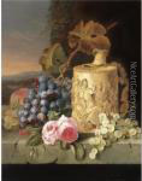 Still Life With Grapes, Roses And A Stein On A Marble Ledge Oil Painting - Edward Ladell