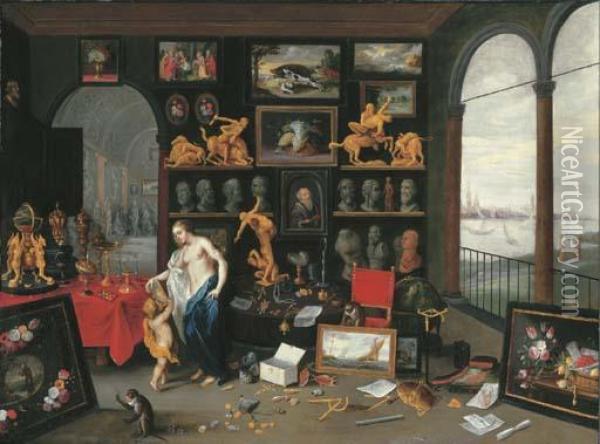 An Allegory Of Sight: A Collector's Cabinet, A View Of Antwerpbeyond Oil Painting - Jan van Kessel