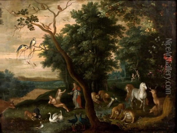 Le Paradis Terrestre  Et Adam Et Eve Chasses Du Paradis (pair) Oil Painting - Jacob Bouttats