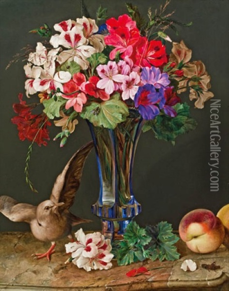 Blumenstillleben Mit Taube Und Pfirsichen Oil Painting - Ferdinand Kuess