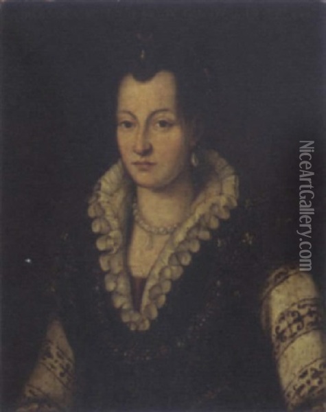 Portrait Od Duchess Bianca Capello In An Embroidered And Jeweled Bodice With White Sleeves And Gauffered Collar Oil Painting -  Bronzino