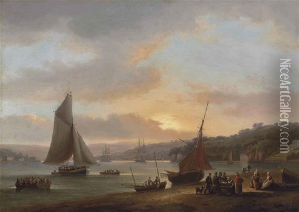 Shipping On The River Dart At Dittisham, Devonshire, With Women Selling Fish In The Foreground Oil Painting - Thomas Luny