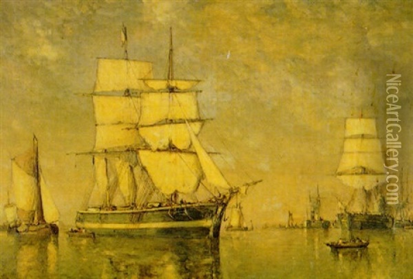 Ships In A Calm Harbor Oil Painting - Paul Jean Clays