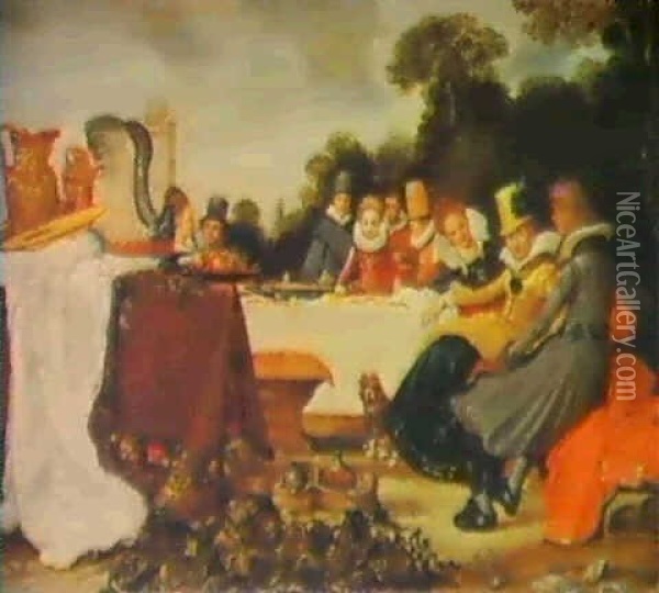Elegant Figures At A Banquet Table In A Landscape Oil Painting - Willem Pietersz Buytewech