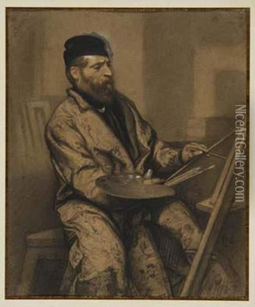 Autoportrait Au Chevalet Oil Painting - Alexandre Gabriel Decamps