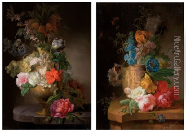Floral Still Life (+ Another; Pair) Oil Painting - Pieter Faes