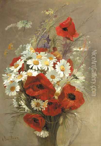 A still life of popies and daisies in a vase Oil Painting - Jacques-Alfred Brielman