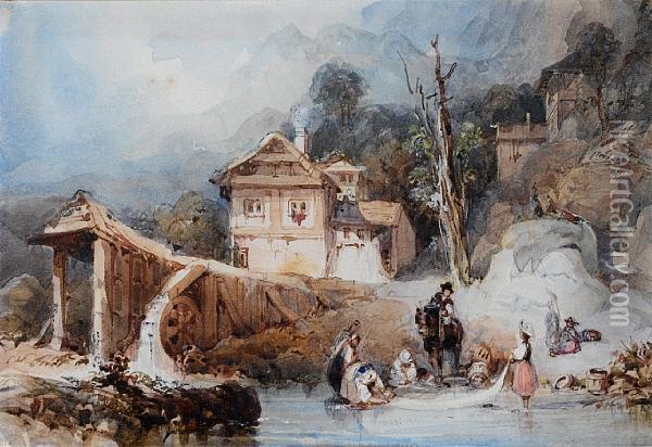 Mill On The Lake Of Lungern, Switzerland Oil Painting - George Balmer