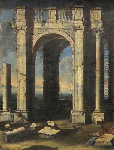 A Capriccio View With Ruins, Figures In The Foreground And The Sea Beyond Oil Painting - Leonardo Coccorante