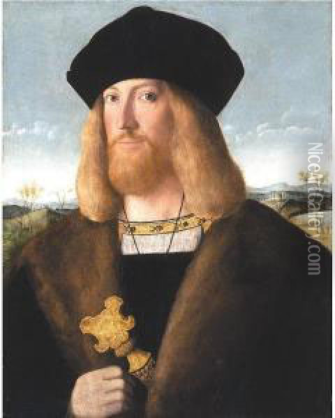 Portrait Of A Bearded Gentleman, Half Length, Wearing A Hat And Fur-lined Coat And Holding A Dagger, A Landscape Beyond Oil Painting - Bartolomeo Veneto