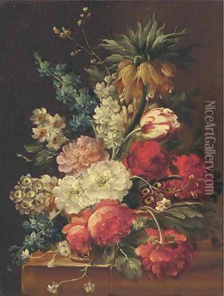 Flowers in a bowl on a stone ledge Oil Painting - Continental School
